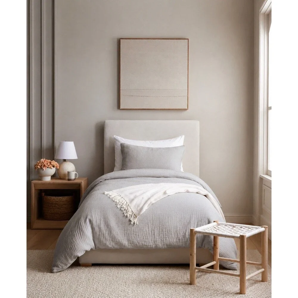 Quince Organic Airy Cotton Gauze Duvet Cover Set Twin Light Gray NEW